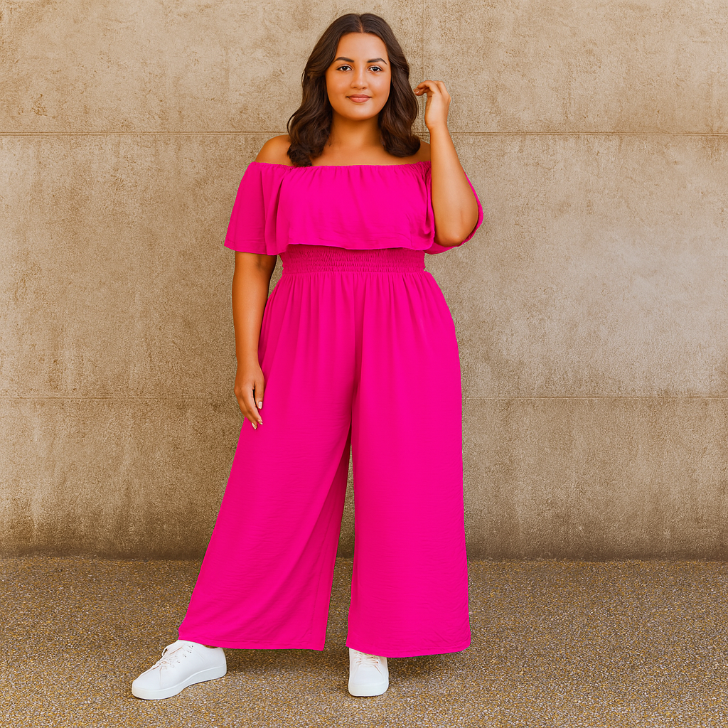 Plain Bardot Wide Leg Jumpsuit With Pockets