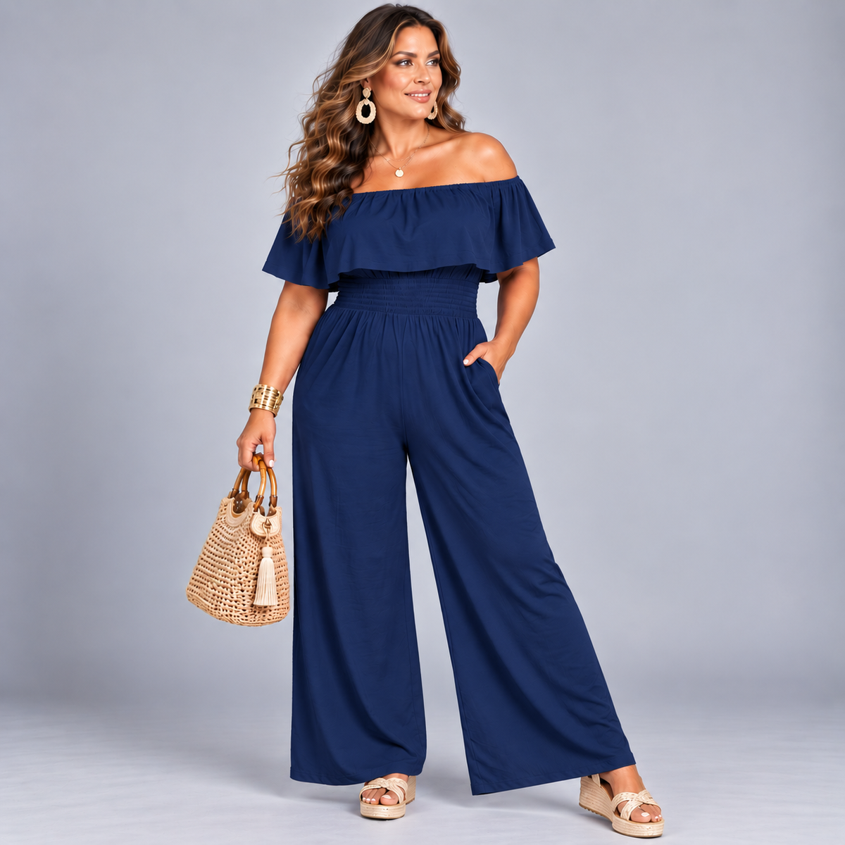 Plain Bardot Wide Leg Jumpsuit With Pockets