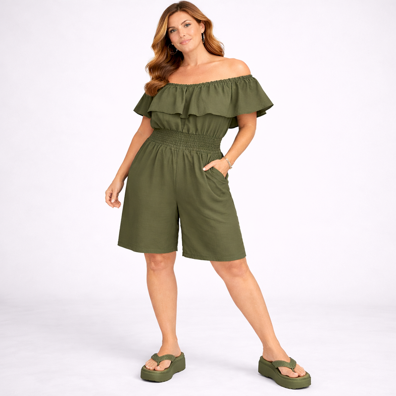 Woman wearing an olive green off-shoulder romper on a white background