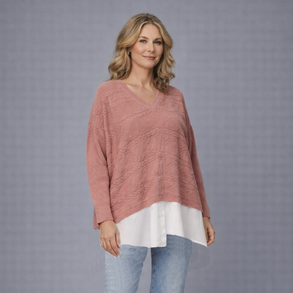 Pink Cable Jumper with Cotton Mock Shirt Hem