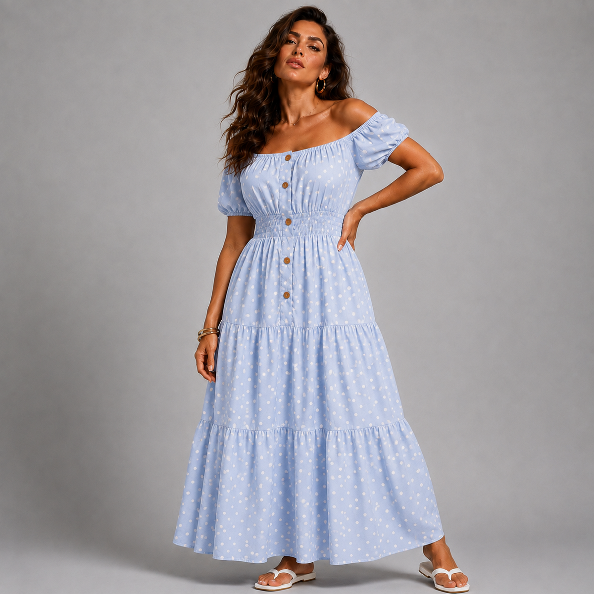Off Shoulder Polka Dot Elastic Waist Gypsy Style Maxi Dress