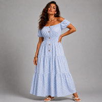 Off Shoulder Polka Dot Elastic Waist Gypsy Style Maxi Dress