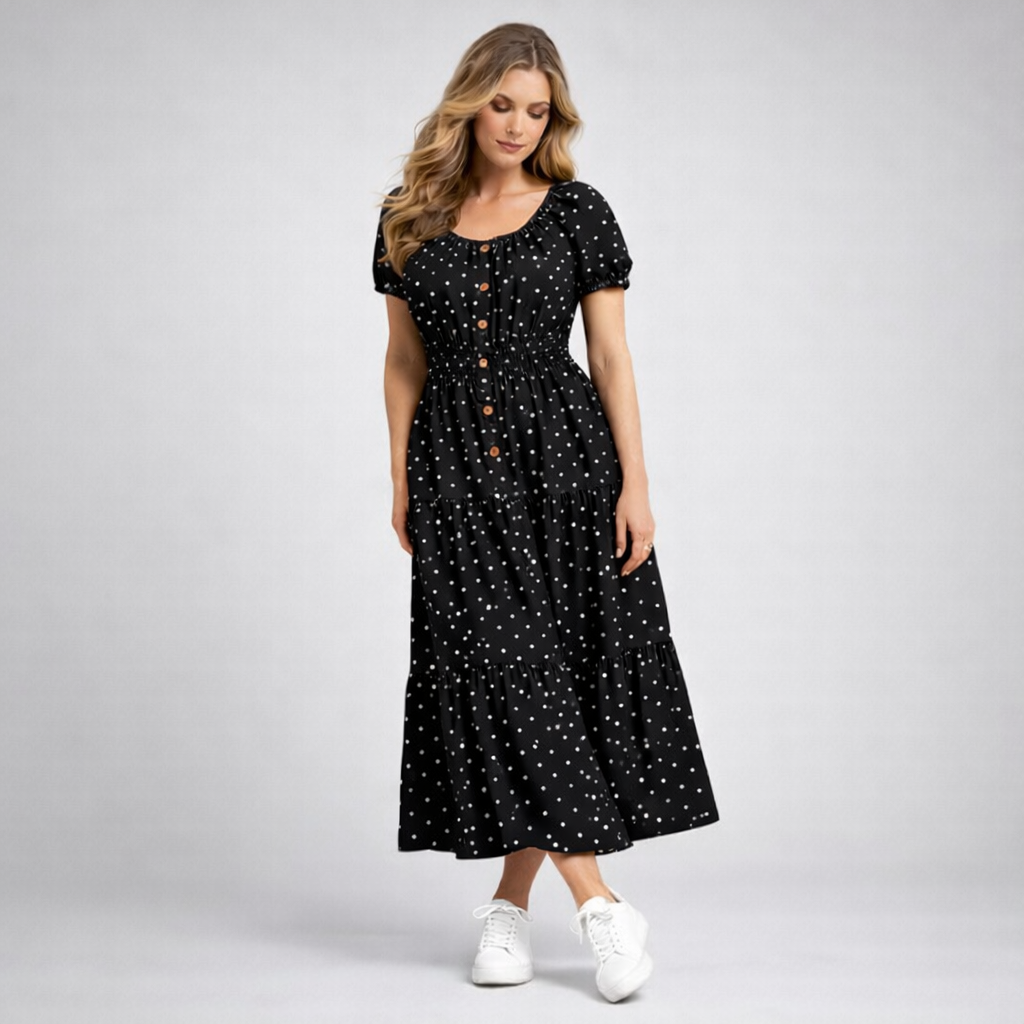 Off Shoulder Polka Dot Elastic Waist Gypsy Style Maxi Dress
