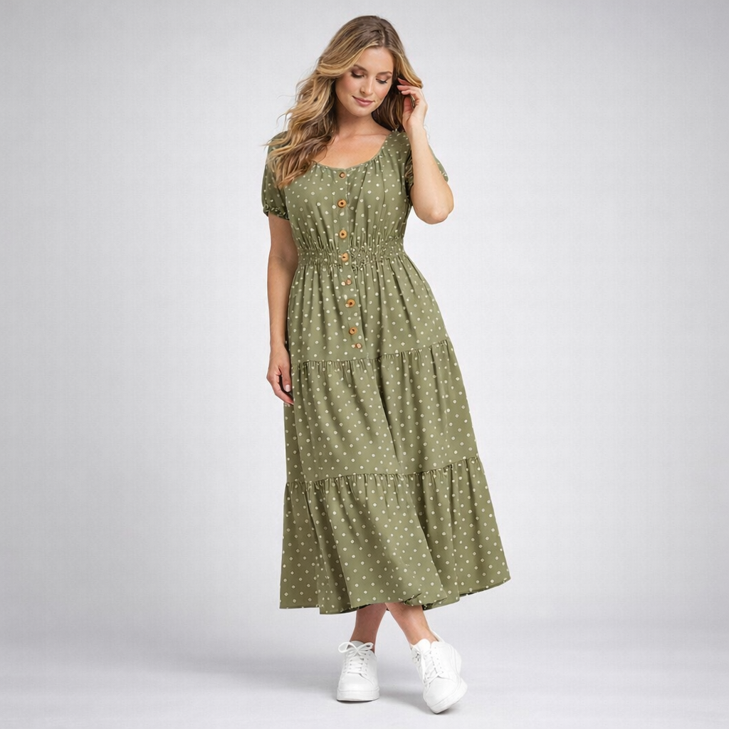 Off Shoulder Polka Dot Elastic Waist Gypsy Style Maxi Dress