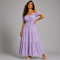 Off Shoulder Elastic Waist Gypsy Style Maxi Dress