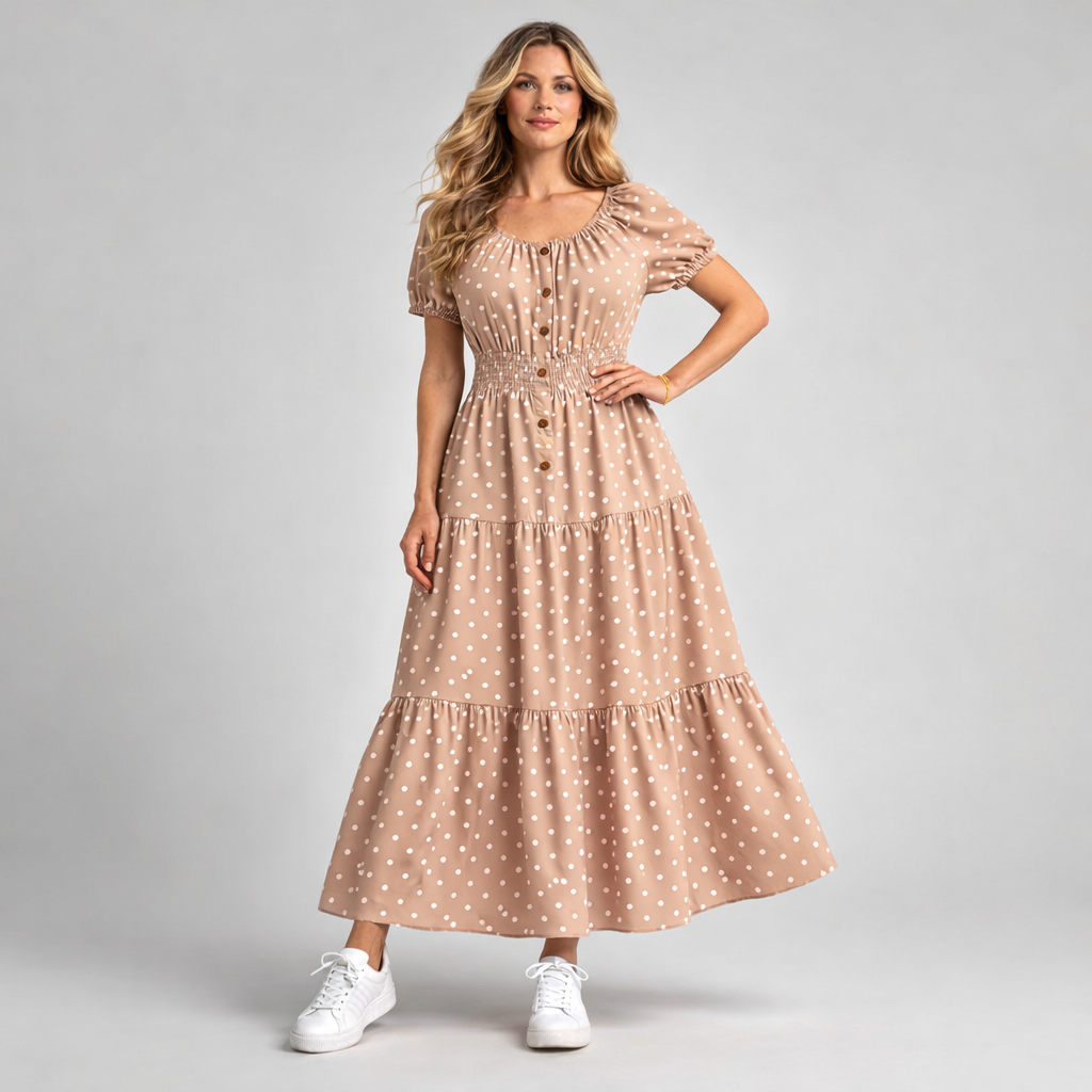 Off Shoulder Polka Dot Elastic Waist Gypsy Style Maxi Dress