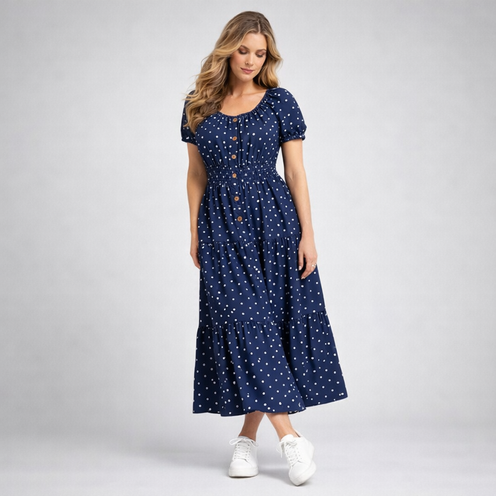 Off Shoulder Polka Dot Elastic Waist Gypsy Style Maxi Dress