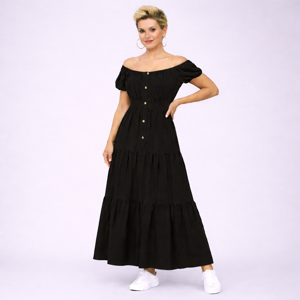 Off Shoulder Elastic Waist Gypsy Style Maxi Dress