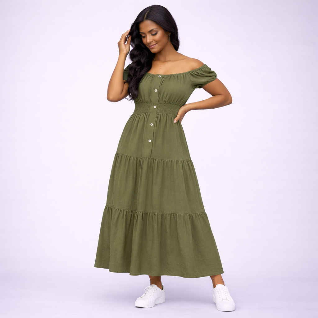 Off Shoulder Elastic Waist Gypsy Style Maxi Dress