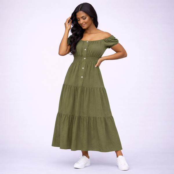 Off Shoulder Elastic Waist Gypsy Style Maxi Dress