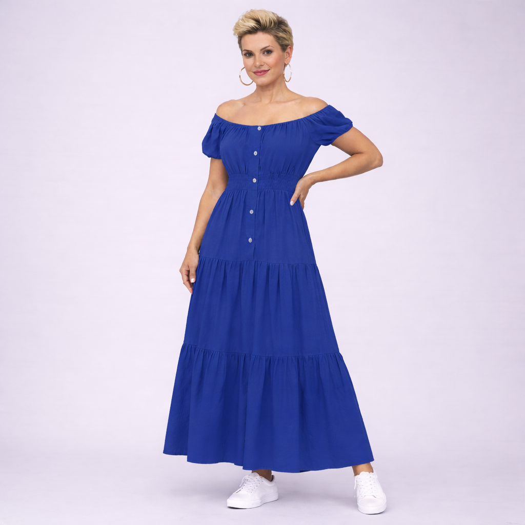 Off Shoulder Elastic Waist Gypsy Style Maxi Dress