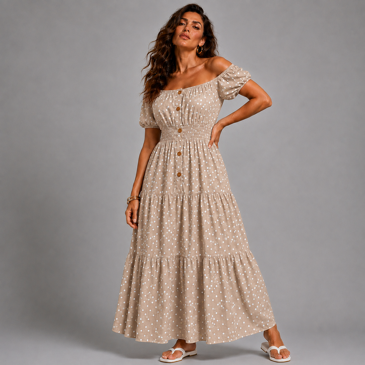 Off Shoulder Polka Dot Elastic Waist Gypsy Style Maxi Dress