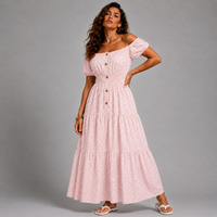 Off Shoulder Polka Dot Elastic Waist Gypsy Style Maxi Dress