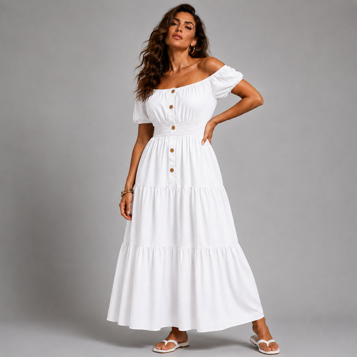 Off Shoulder Elastic Waist Gypsy Style Maxi Dress