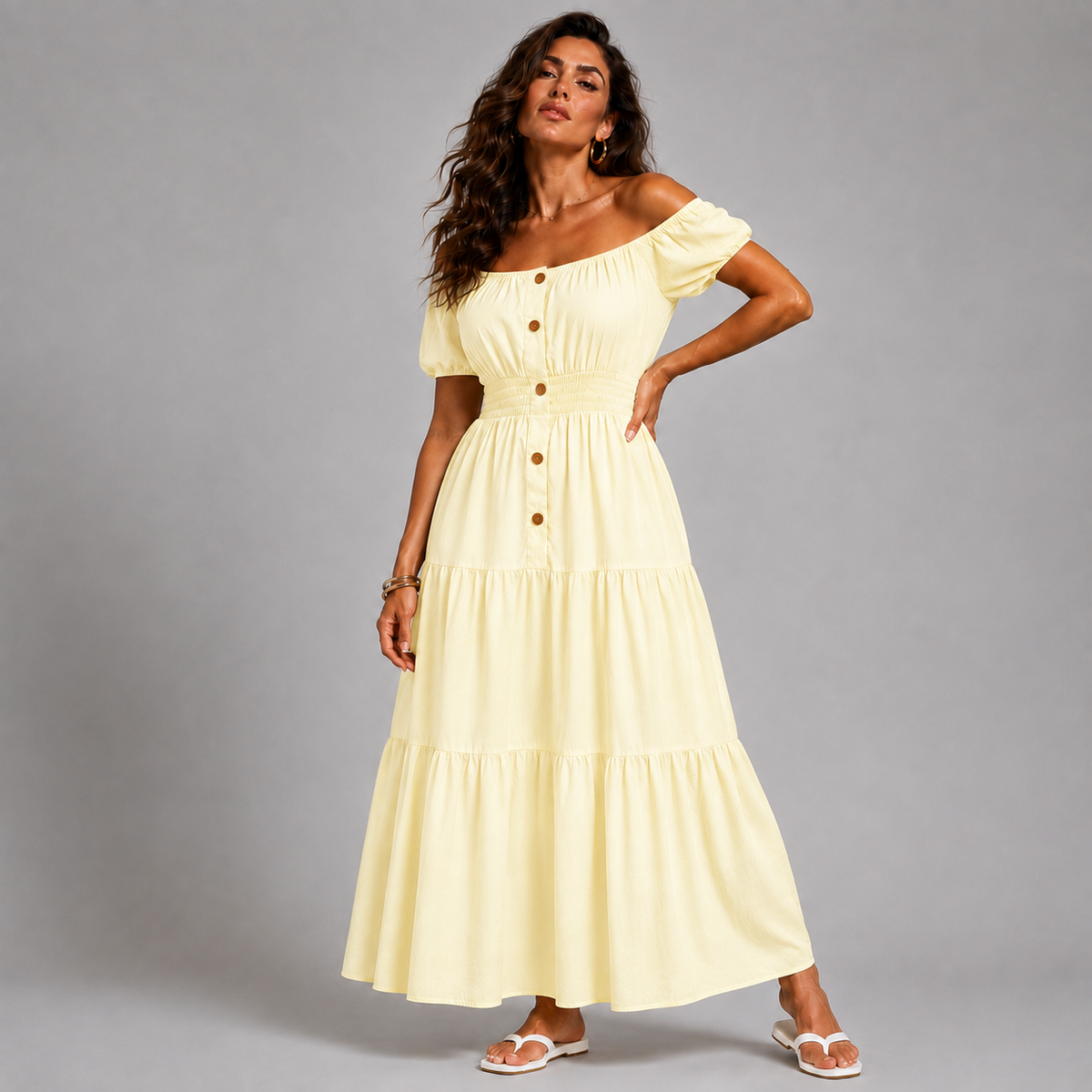 Off Shoulder Elastic Waist Gypsy Style Maxi Dress