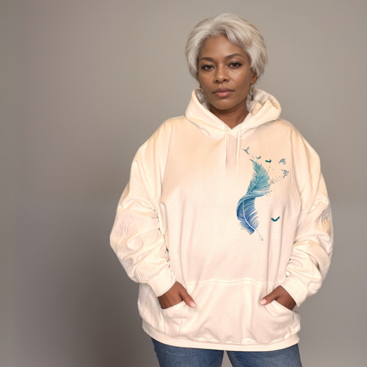 Cotton Hoodie Blue Feather Graphic
