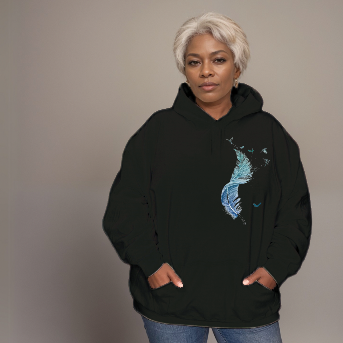 Cotton Hoodie Blue Feather Graphic