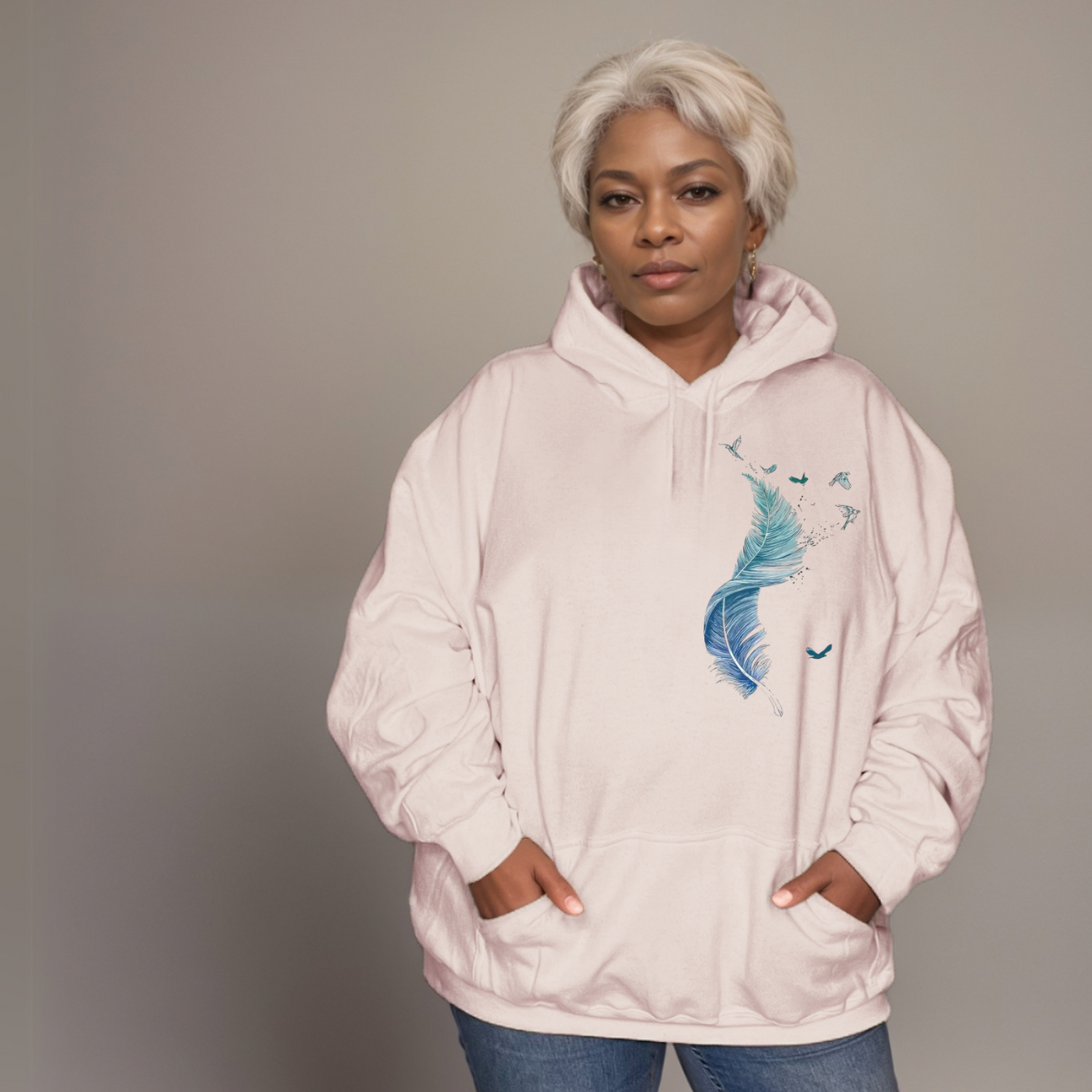 Cotton Hoodie Blue Feather Graphic