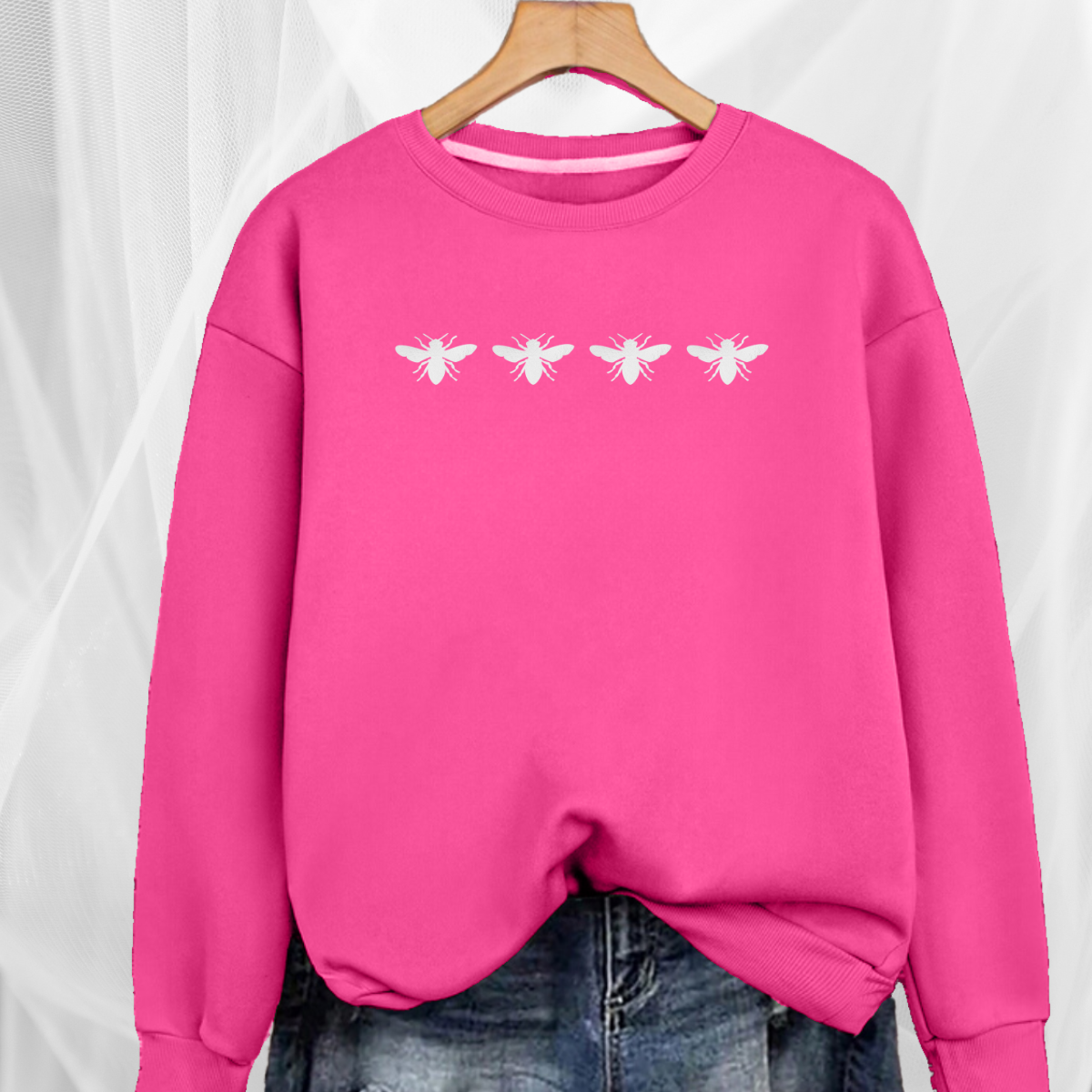 Cotton Sweatshirt with 4 White Bees Detail