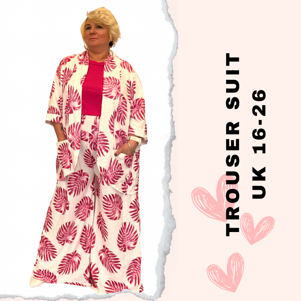 ROCKTHOSECURVES LEAF TROUSER SUIT - JACKET AND PALAZZO SETFUCHSIA / UK 16-18