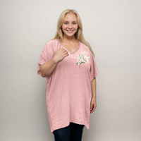 Peony Dipped-Hem V-neck Blouse
