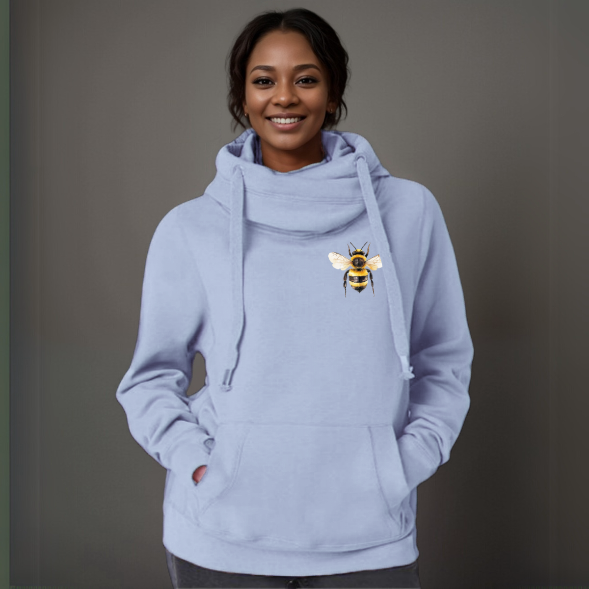 Plus-Size Cowl-Neck Cotton Hoodie with Bee Print