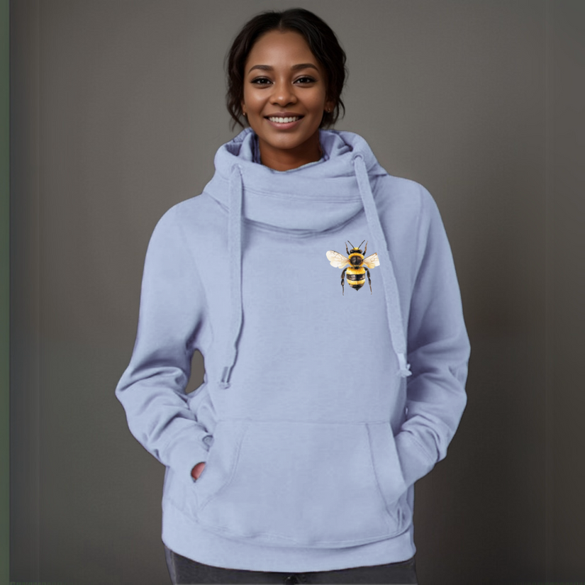 Plus-Size Cowl-Neck Cotton Hoodie with Bee Print