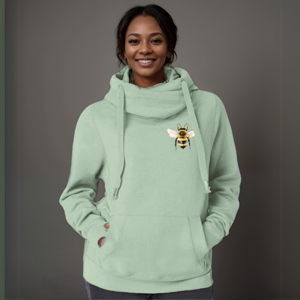Plus-Size Cowl-Neck Cotton Hoodie with Bee Print
