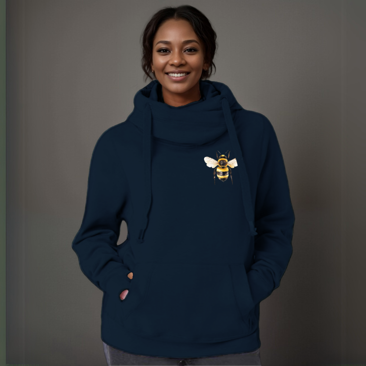 Plus-Size Cowl-Neck Cotton Hoodie with Bee Print