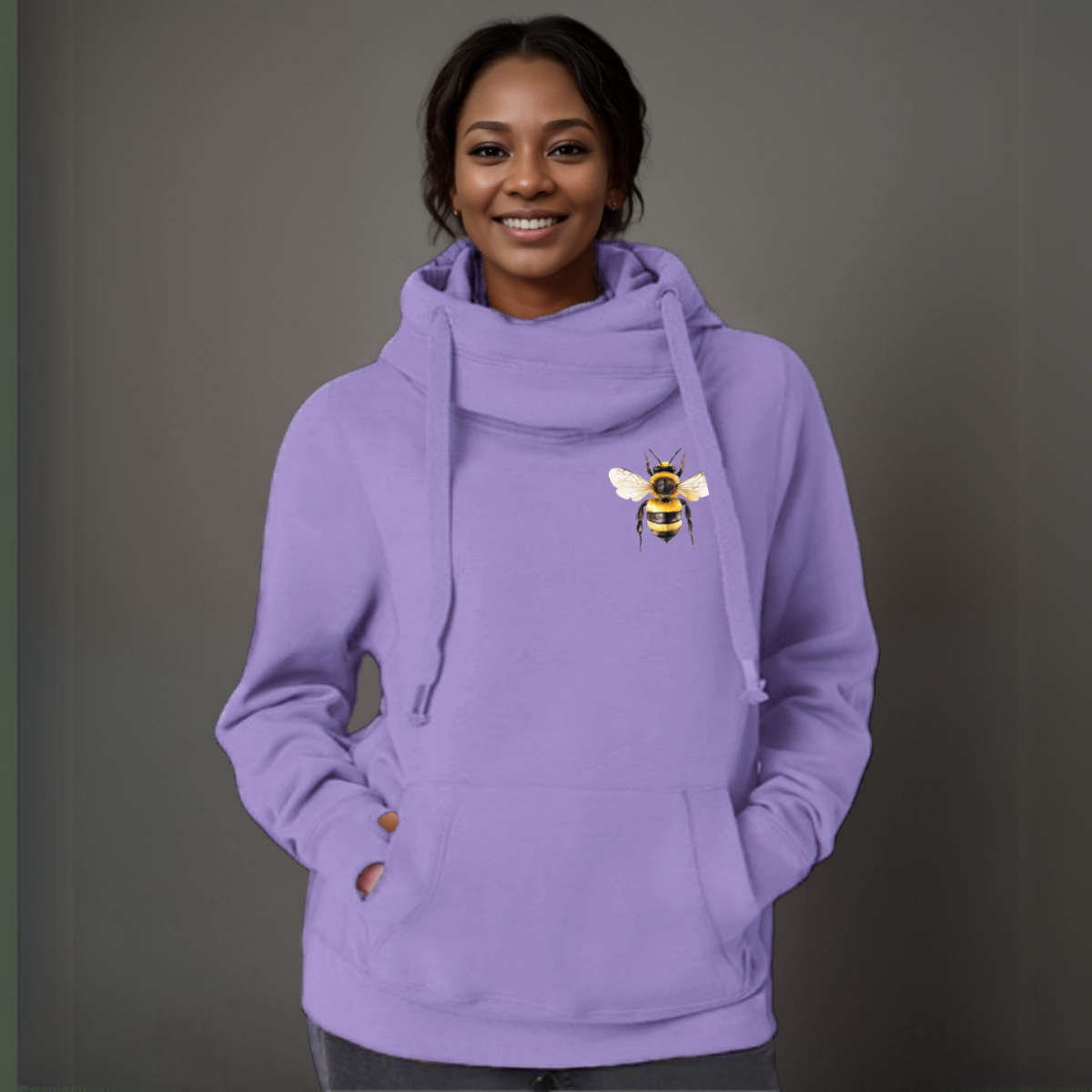 Plus-Size Cowl-Neck Cotton Hoodie with Bee Print