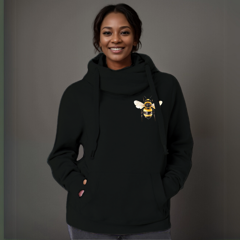 Plus-Size Cowl-Neck Cotton Hoodie with Bee Print