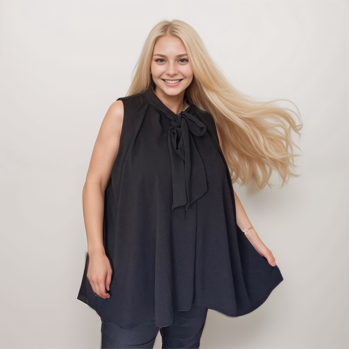 Plus‑Size Sleeveless Swing Blouse with Neck Tie