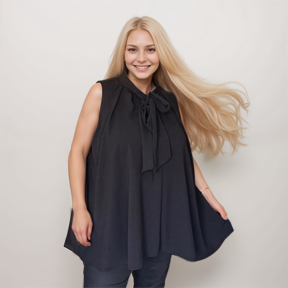 Plus‑Size Sleeveless Swing Blouse with Neck TieBLACK / UK 12-14
