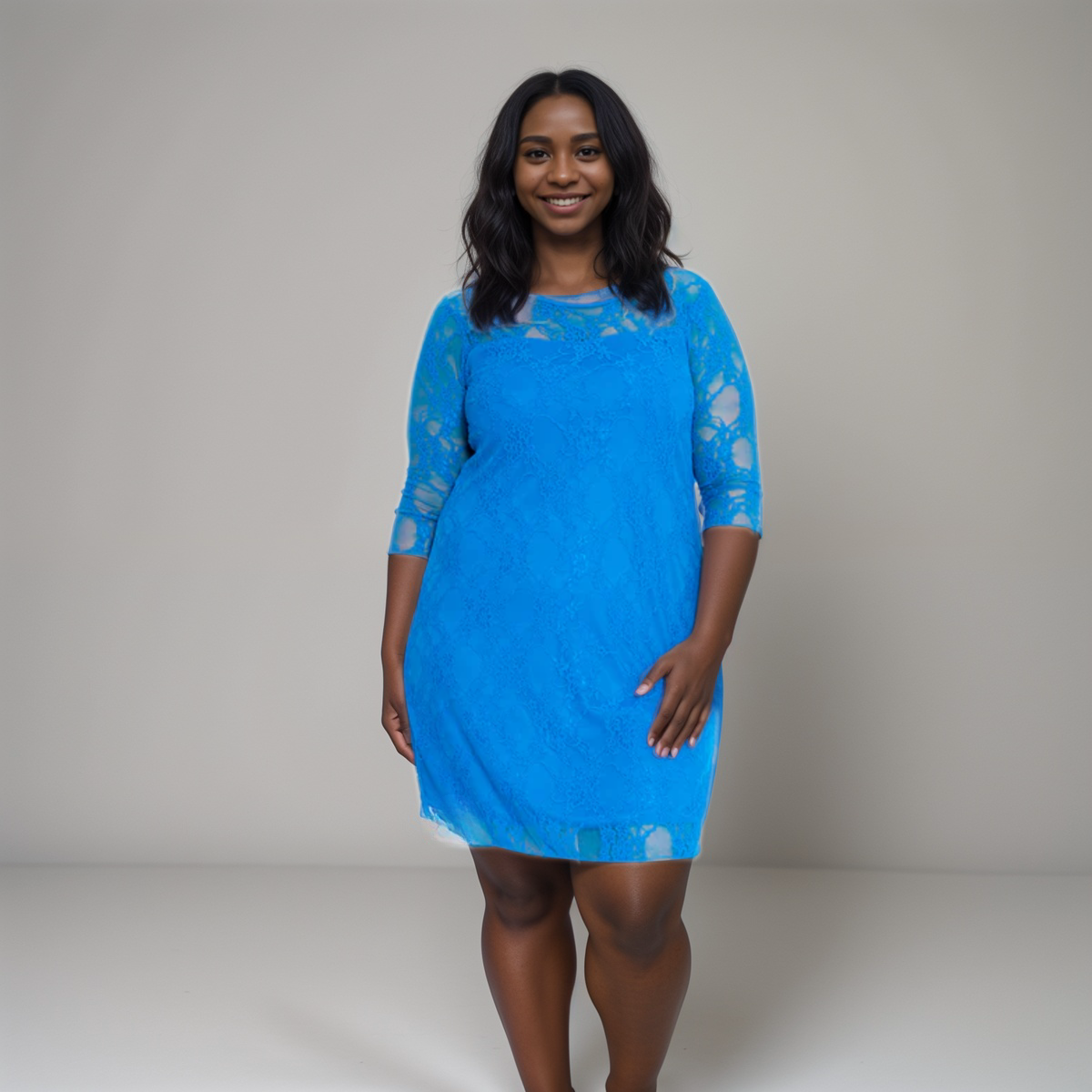 Plus‑Size Fine Lace 3/4 Sleeve Swing Dress with Sweetheart Neckline