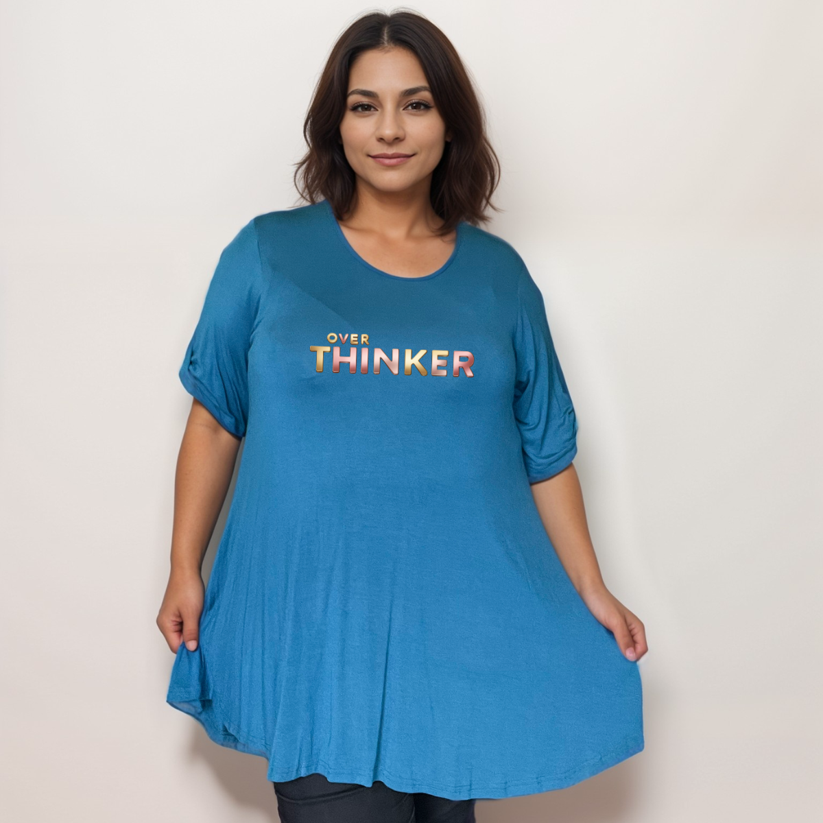 Button-Sleeve Swing Top with “Over Thinker” Logo