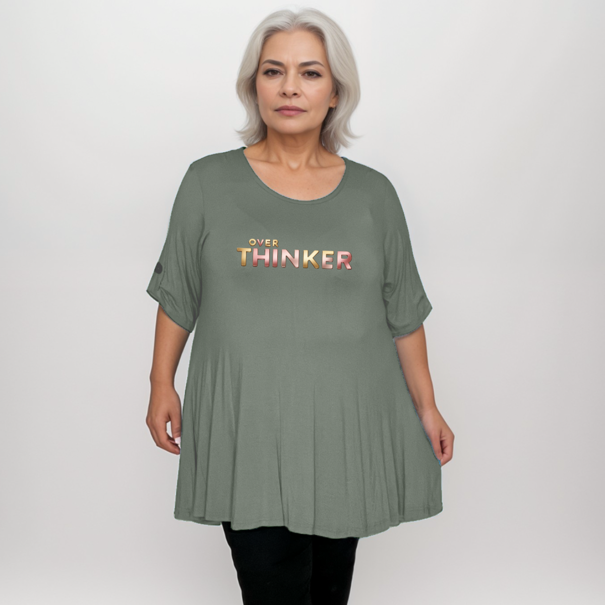 Button-Sleeve Swing Top with “Over Thinker” Logo