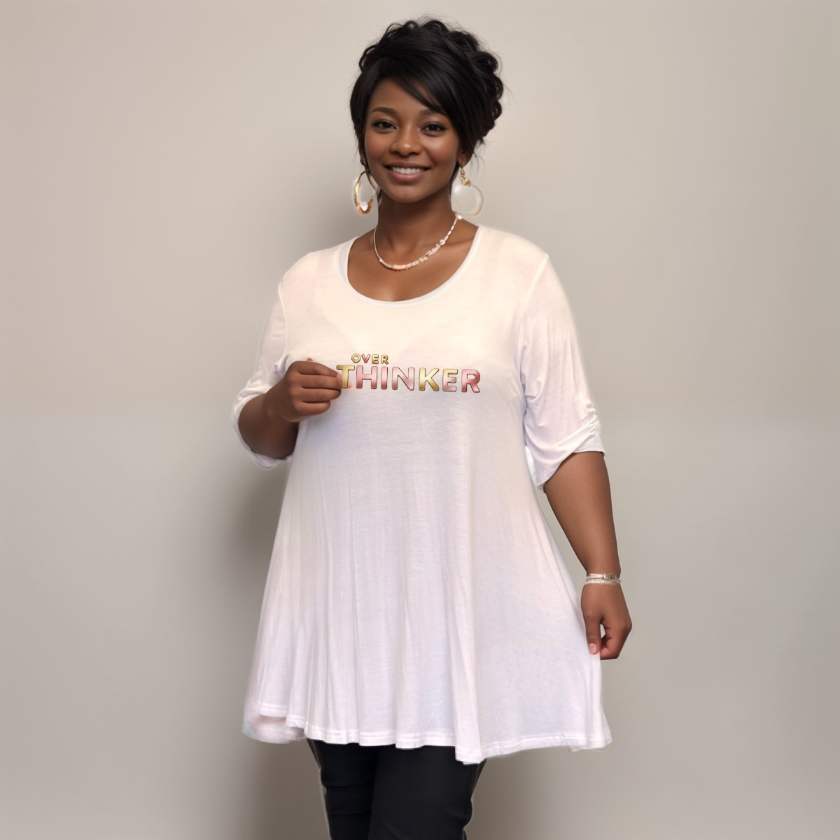 Button-Sleeve Swing Top with “Over Thinker” Logo
