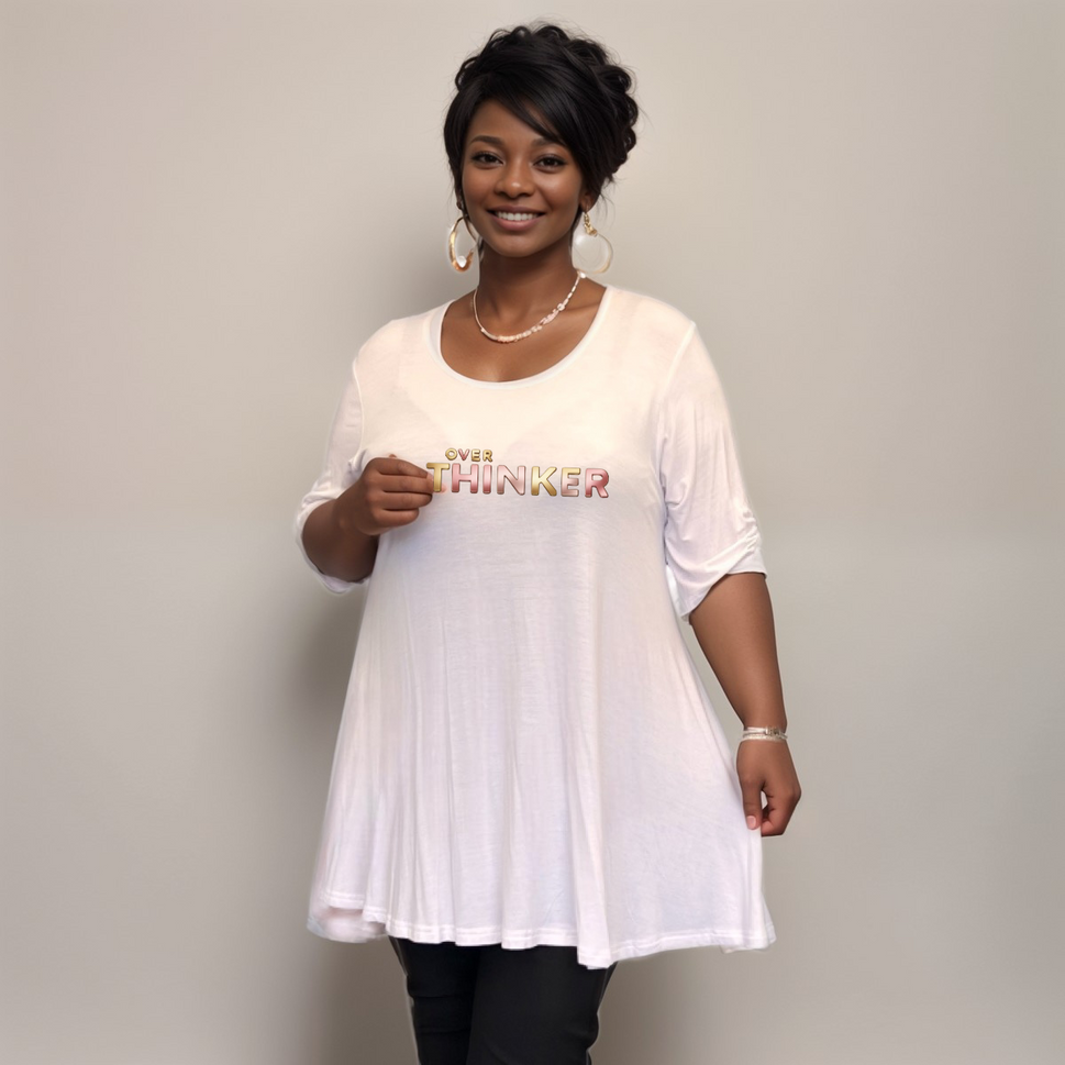 Button-Sleeve Swing Top with “Over Thinker” LogoWHITE / UK 14