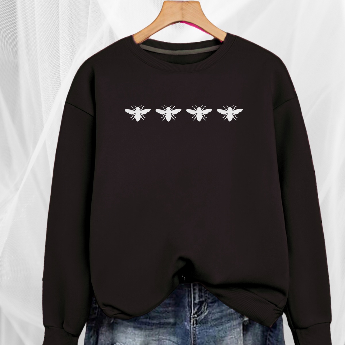 Cotton Sweatshirt with 4 White Bees Detail