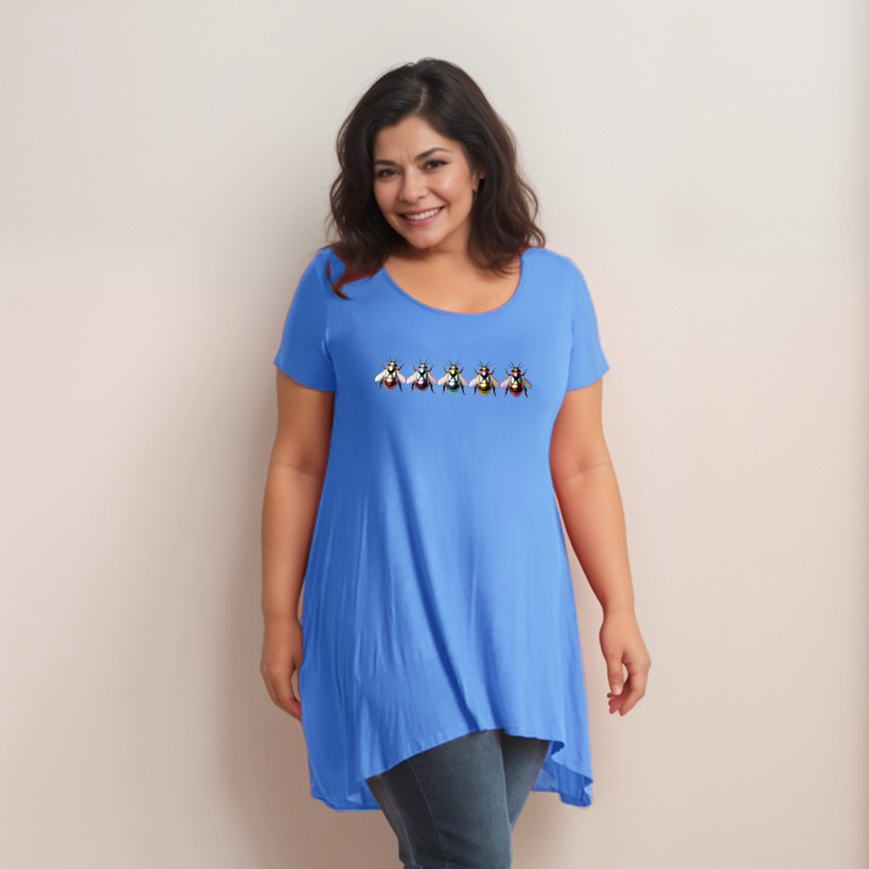 Multi Coloured Bee-Logo Hanky-Hem Swing TopTURQUOISE / UK 14