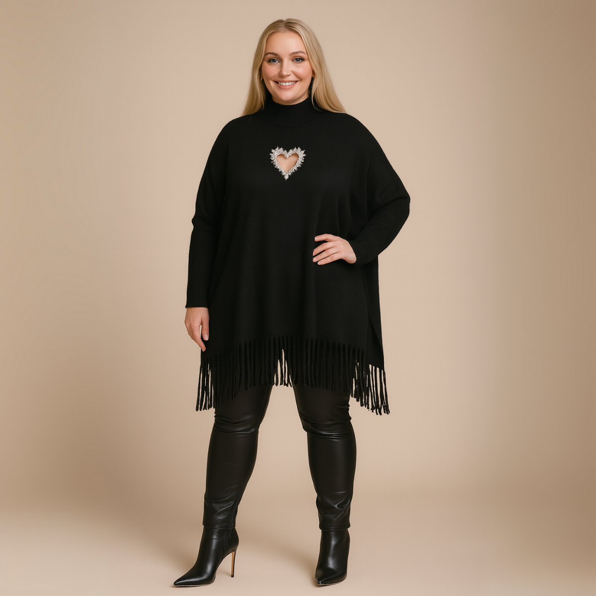 Oversized Turtle-Neck Jumper With Silver Hollow Heart
