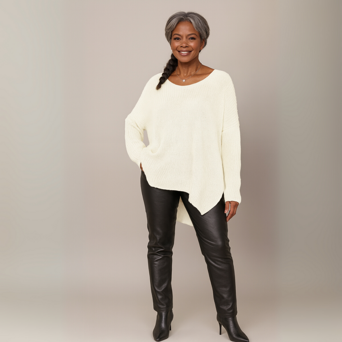 V-Neck Ribbed Jumper with Long Dipped Hem