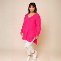 V-Neck Ribbed Jumper with Long Dipped Hem