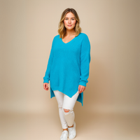 V-Neck Ribbed Jumper with Long Dipped Hem