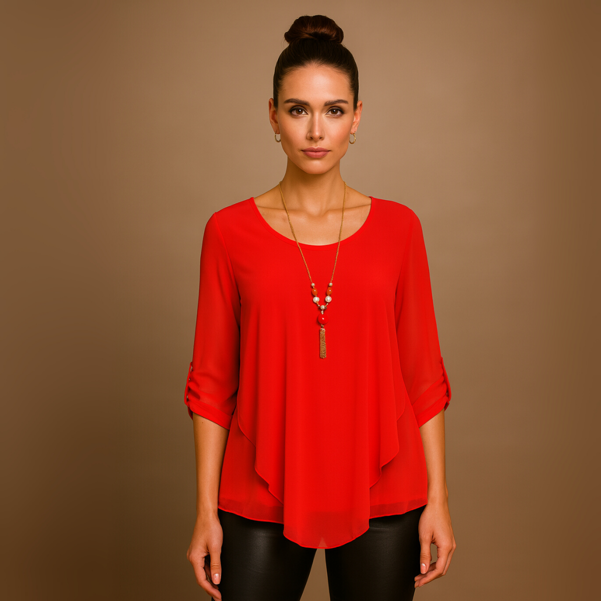 Loose Fitting Button Sleeve V-Hem Blouse