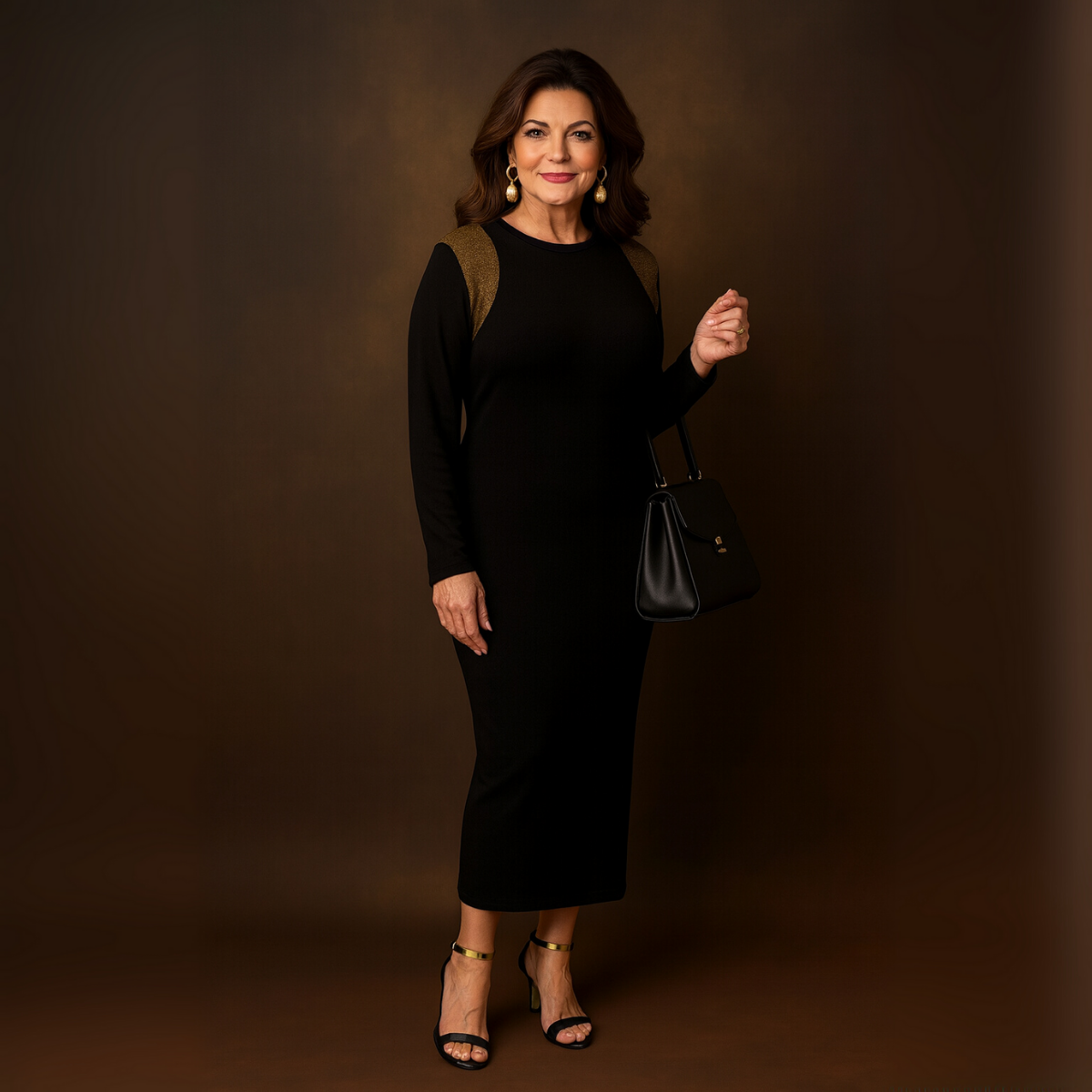 Black Soft Stretchy Shift Dress with Gold Shoulders