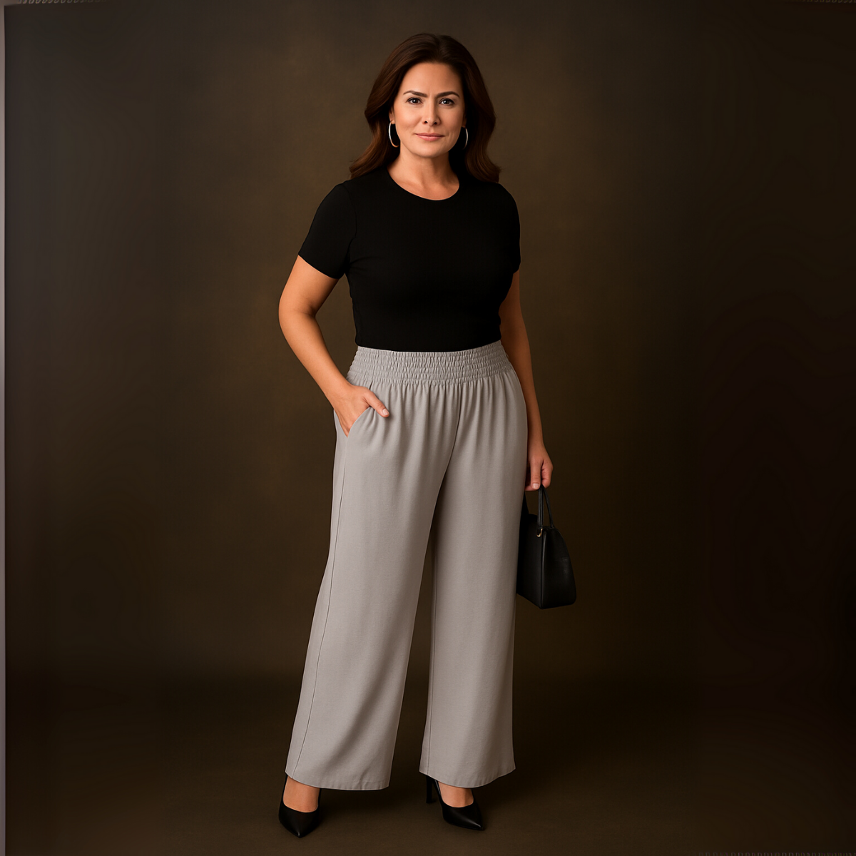 High Smock Waist Wide Leg Trousers With Pockets