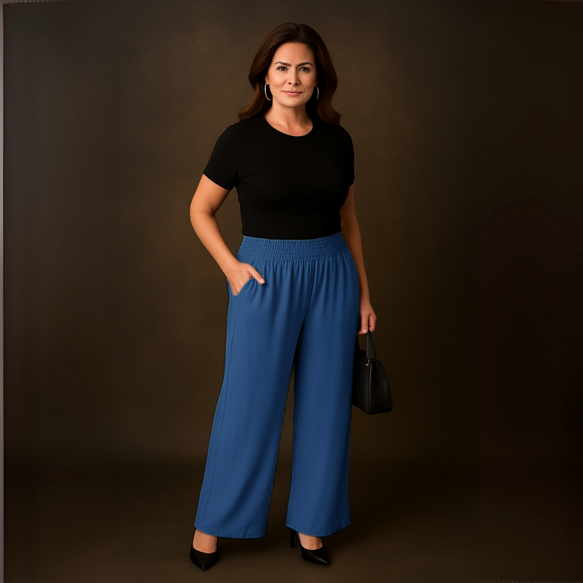 High Smock Waist Wide Leg Trousers With Pockets