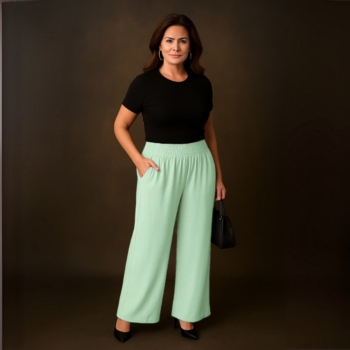 High Smock Waist Wide Leg Trousers With Pockets