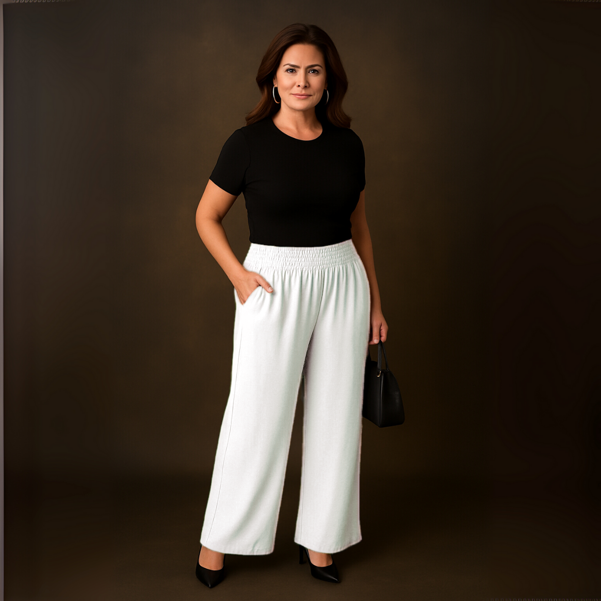 High Smock Waist Wide Leg Trousers With Pockets